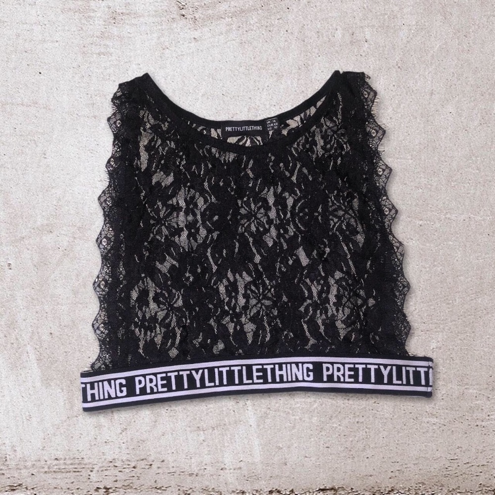 Pretty little thing eyelash lace side boob logo bralette